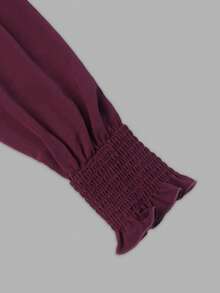 Fall Vintage Wine Red Collared Long Sleeve Shirt For Women, Front Hollow Embroidery, Puff Sleeve Smocked Ruffle Cuff, Elegant Work Party Blouse - Purple - View 4