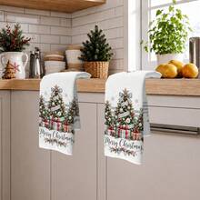 2PCS Kitchen Towels Christmas Striped Christmas Tree Print 40*60cm Minimalist Style Rectangular Microfiber Kitchen Towels, Dish Cloths, Tablecloths, Hand Towels, Bathroom Kitchen Decor, Winter Home Decor, Neighbor Housewarming Gift, Perfect For Kitchen And Bathroom Use, Suitable For Housewives And Family Gatherings, High Cost-Performance, Essential Home Item - White - View 2