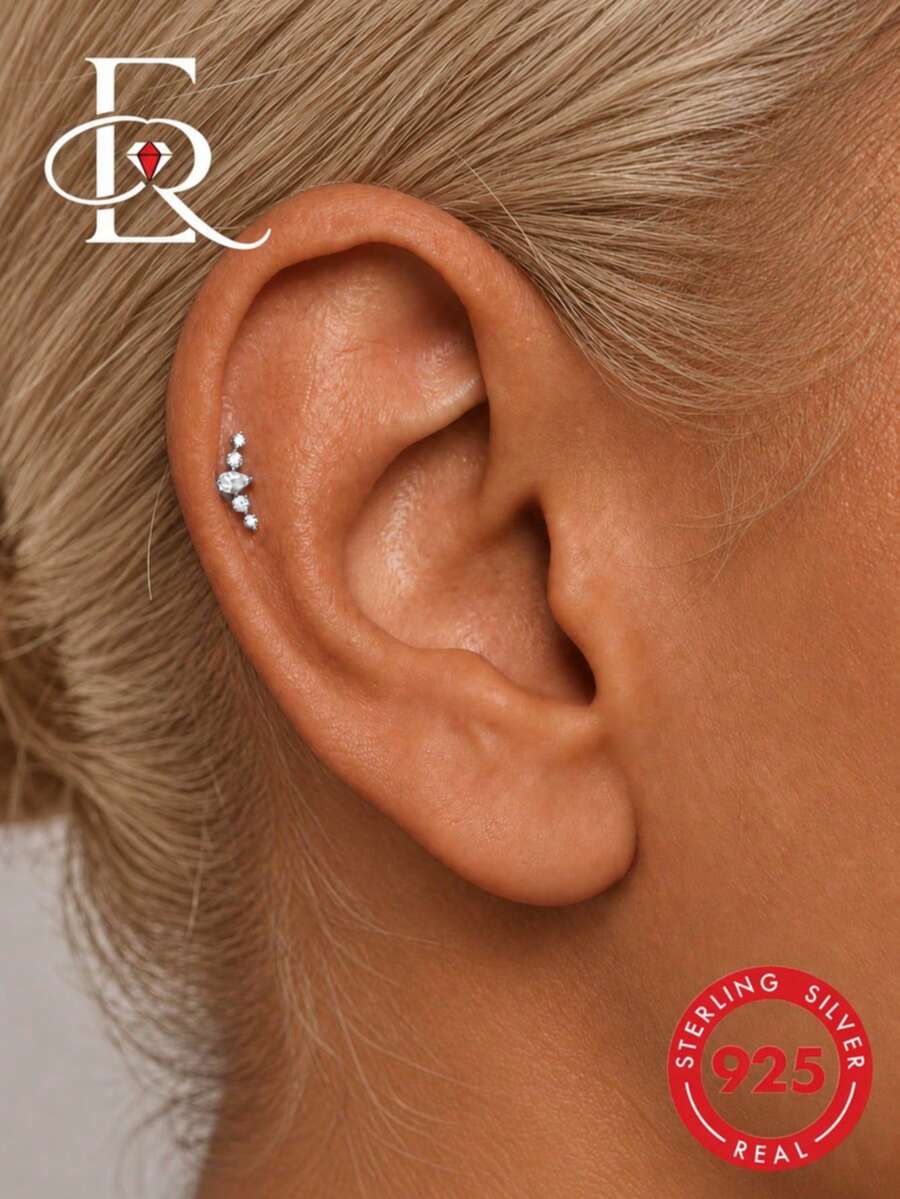EleRunis 1pc 925 Sterling Silver Flat Back Cartilage Ear Stud, Suitable For Helix, Cartilage, Ear Rim, Threaded Piercing, Exquisite Jewelry For Daily Wear, Wedding, Party - Silver - View 1