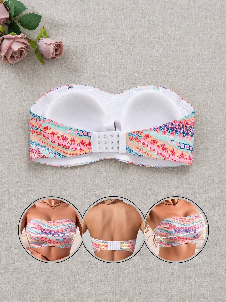 1pc Strapless Bandeau Bra, Heart & Floral Print Wireless Thick Padded Push-Up Bra, Back Closure Non-Slip Seamless Summer Lingerie - Hot Pink - View 1