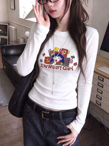 Women's Round Neck Long Sleeve T-Shirt, Spring/Autumn New Cartoon Pattern & Letter Print, Fashion Casual Versatile Slim Fit Cropped Top White - White - View 8