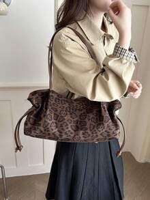1pc Women's Vintage Leopard Print Faux Suede Shoulder Bag, Suitable For Commuting, Shopping And Other Occasions. - Brown - View 3