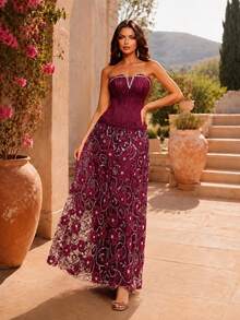 VIPGIRL New Red Embroidered Sleeveless Fitted Cocktail Evening Dress For Women Formal Evening Gown - Red - View 5
