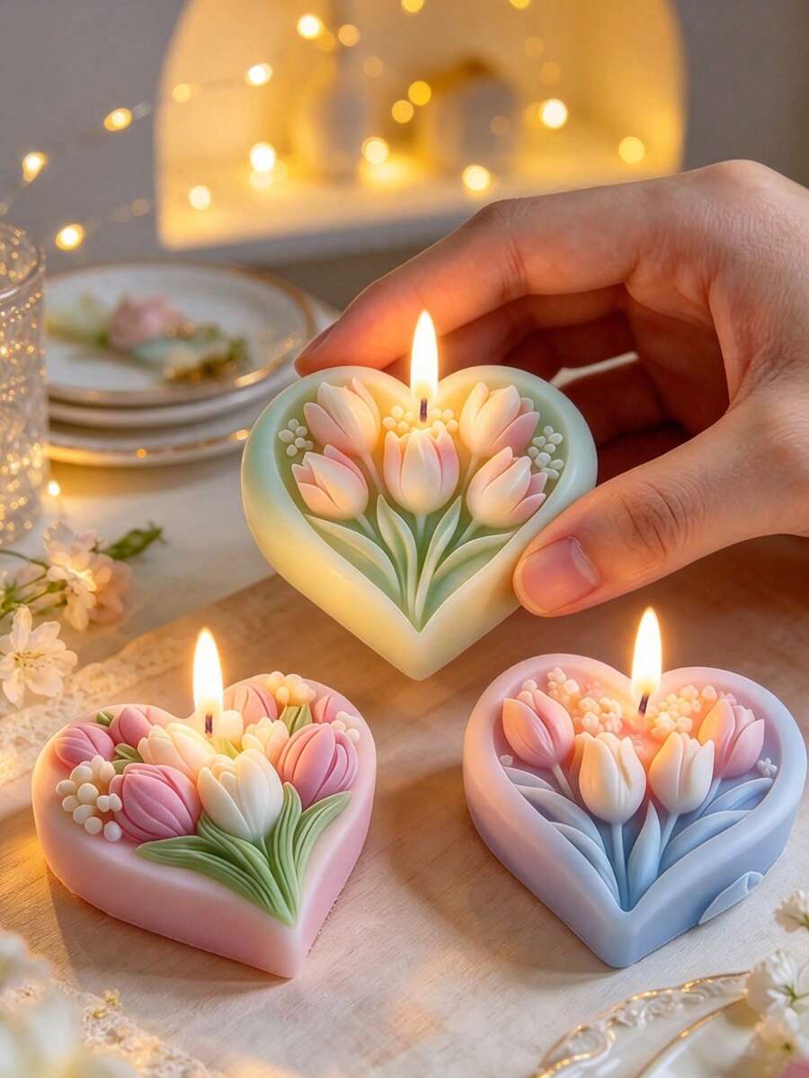 3D心形郁金香花卉硅胶模具，多用途模具，适用于蜡烛、肥皂、石膏和树脂工艺品，适合家居装饰、婚礼和节日DIY礼物、情人节和母亲节礼物 - A - 查看 1