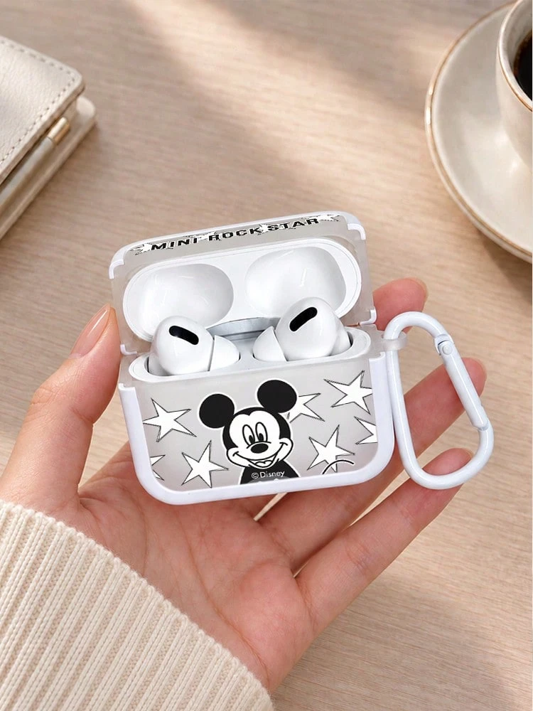 Miniso 迪士尼高級感TPU藍牙耳機保護殼,附1個同色掛鉤,適用於airpods1/2/3/4/5/pro/pro2/pro3,新款耳機防摔軟殼,男女通用,復古米奇 - 白色 - 查看 1