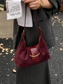 時尚高端酒紅色麂皮PU女款單肩包，精緻五金裝飾可調節肩帶單肩包/斜挎包 - 酒紅色 - 查看 4