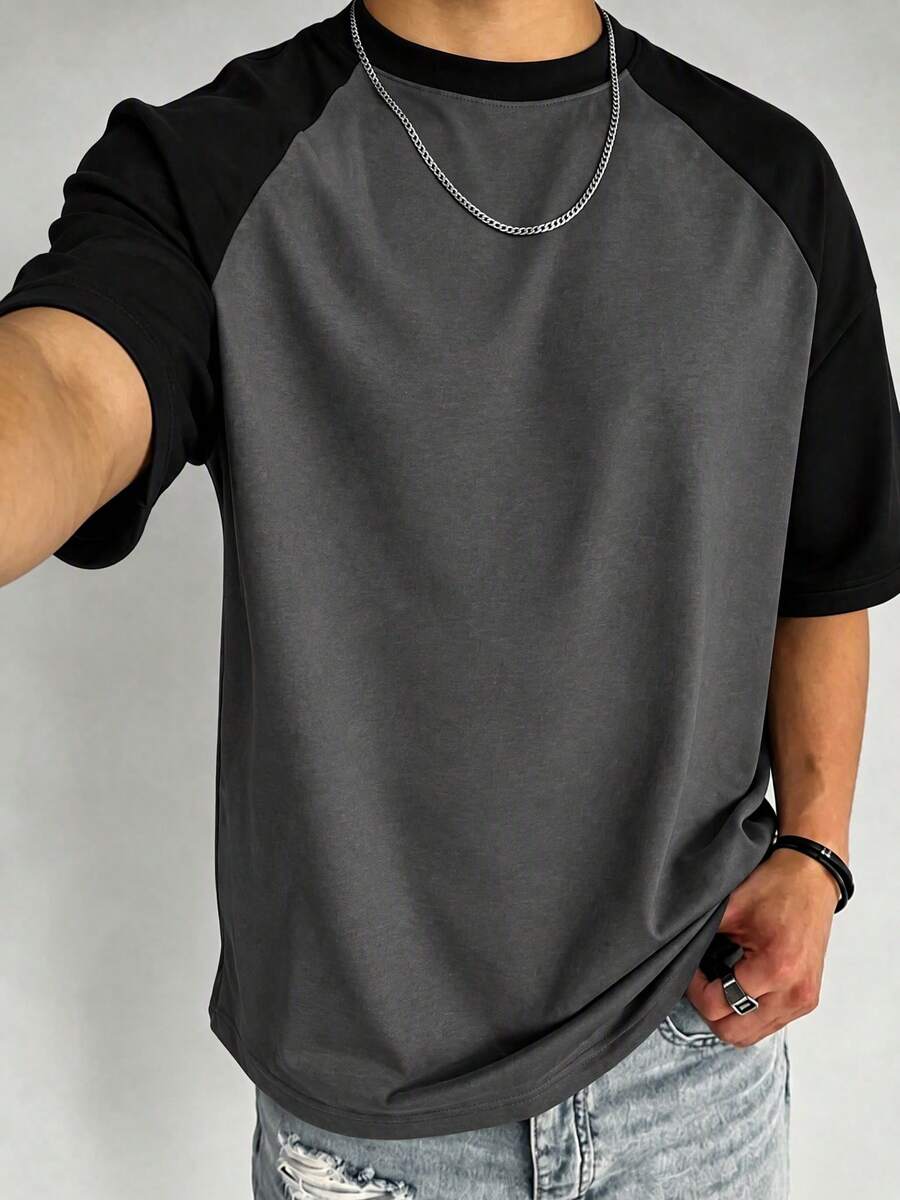 Men's Vintage Colorblock T-Shirt, Breathable Knit Fabric, Regular Crew Neck Design, Suitable For Daily Wear