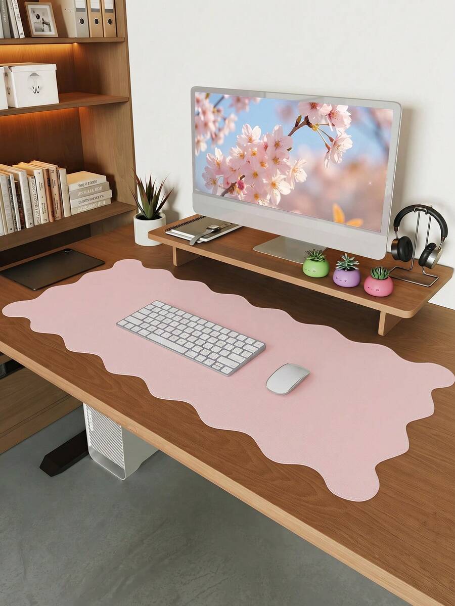 Scalloped Desk Mat, 35.4" X 15.7" Large Cute Aesthetic Desk Accessories, PU Leather Computer Laptop Desk Mouse Keyboard Pad, Desk Writing Mat For Vanity/Work/Home Decor (Pink, 35.4" X 15.7") - View 1