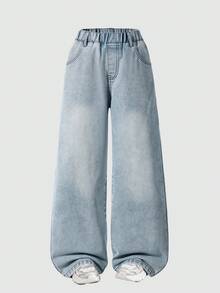 Tween Girl Casual Versatile Slim Fit Flared Jeans With Pockets - Blue - View 2