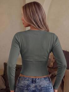 Women's Casual Fashion Gray Round Neck Long Sleeve Waist Fitted Knit Cardigan, Spring/Autumn Fall - Grey - View 3