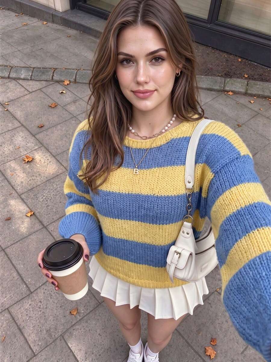 Plus Size Women's Autumn/Winter Sweater, Fresh Color-Block Wide Stripe ...