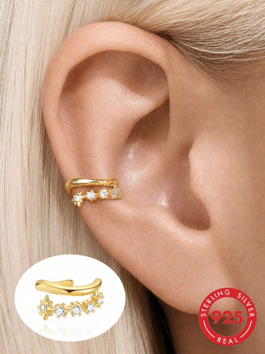 1 chiếc kẹp tai bạc 925 hình sao bát giác đính đá CZ, kẹp sụn tai cỏ bốn lá không gây dị ứng, trang sức tinh xảo cho nam và nữ, đeo hàng ngày và làm quà tặng