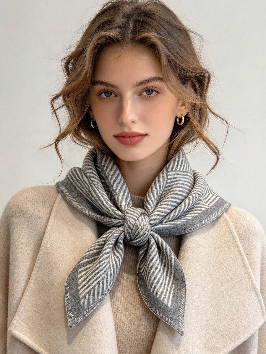 1pc Triangle Shawl Scarf 130*80*40cm, Diagonal Stripe Yarn‑Dyed Jacquard, Thick Brushed‑Polyester Faux Cashmere, Fall Winter For Travel & Party - Multicolor - View 1