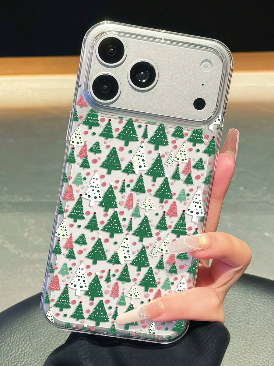 1pc Cartoon Full Coverage Green Polka Dot Christmas Tree Pattern Phone Case, Exquisite Design Christmas Elements Cute Phone Case, Compatible With Iphone 13 14 12 11 15 16 17 18 Pro Max Plus Series Phone Case Models, Cute Holiday Gift For Friends, Classmates, Lovers Or Yourself - Clear - View 1