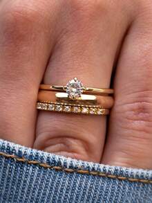ZHIXUN 3Pcs Classic Stackable Ring Set,Round Zirconia Decor,Ideal For Daily Occasion Dating Wedding Proposal Ceremony, Holiday Present For Birthday - Ring 3 - View 11