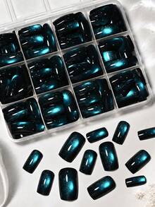 144片 12格盒裝貓眼式穿戴甲,秋季方形亮面深青綠色假指甲片,多尺寸可重複使用壓克力假指甲,適合女性沙龍DIY美甲 - 彩色 - 查看 5