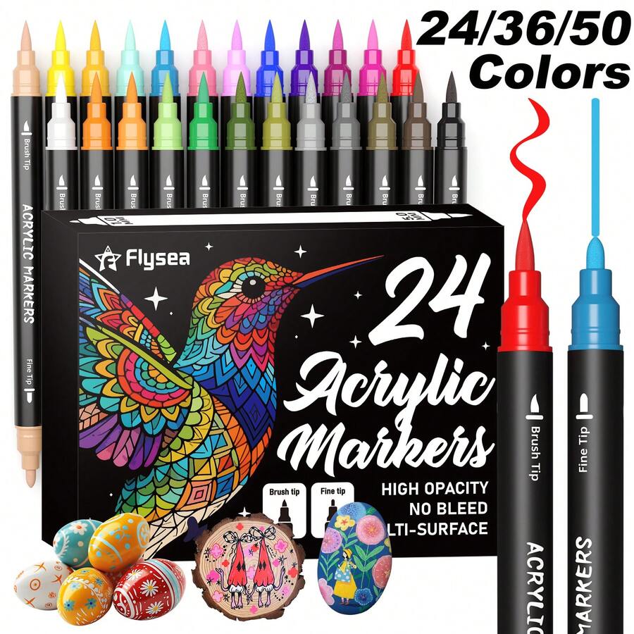 Flysea 24/36/50色布料麥克筆套組,雙頭麥克筆,適用於衣物、紡織品、T恤、帆布袋、帽子、DIY手工藝、服飾、多材質表面 - 套裝 - 查看 1
