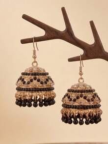 1 đôi bông tai Jhumka truyền thống phong cách vintage, đính đá rhinestone, mặt treo cỡ lớn, trang sức phù hợp cho phụ nữ đeo hàng ngày - jhumka - Xem 3