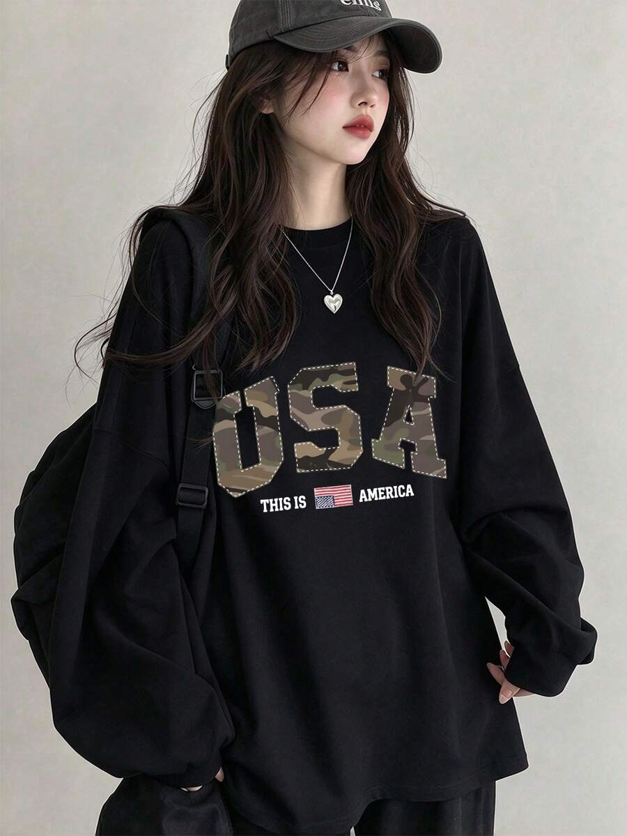 女款圓領長袖T恤,春夏/秋冬新款迷彩字母印花,時尚休閒百搭寬鬆上衣 - 黑色 - 查看 1