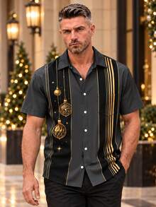 Men's Christmas Contrast Color Striped Print Fashion Holiday Casual Short Sleeve Shirt - Multicolor - View 1