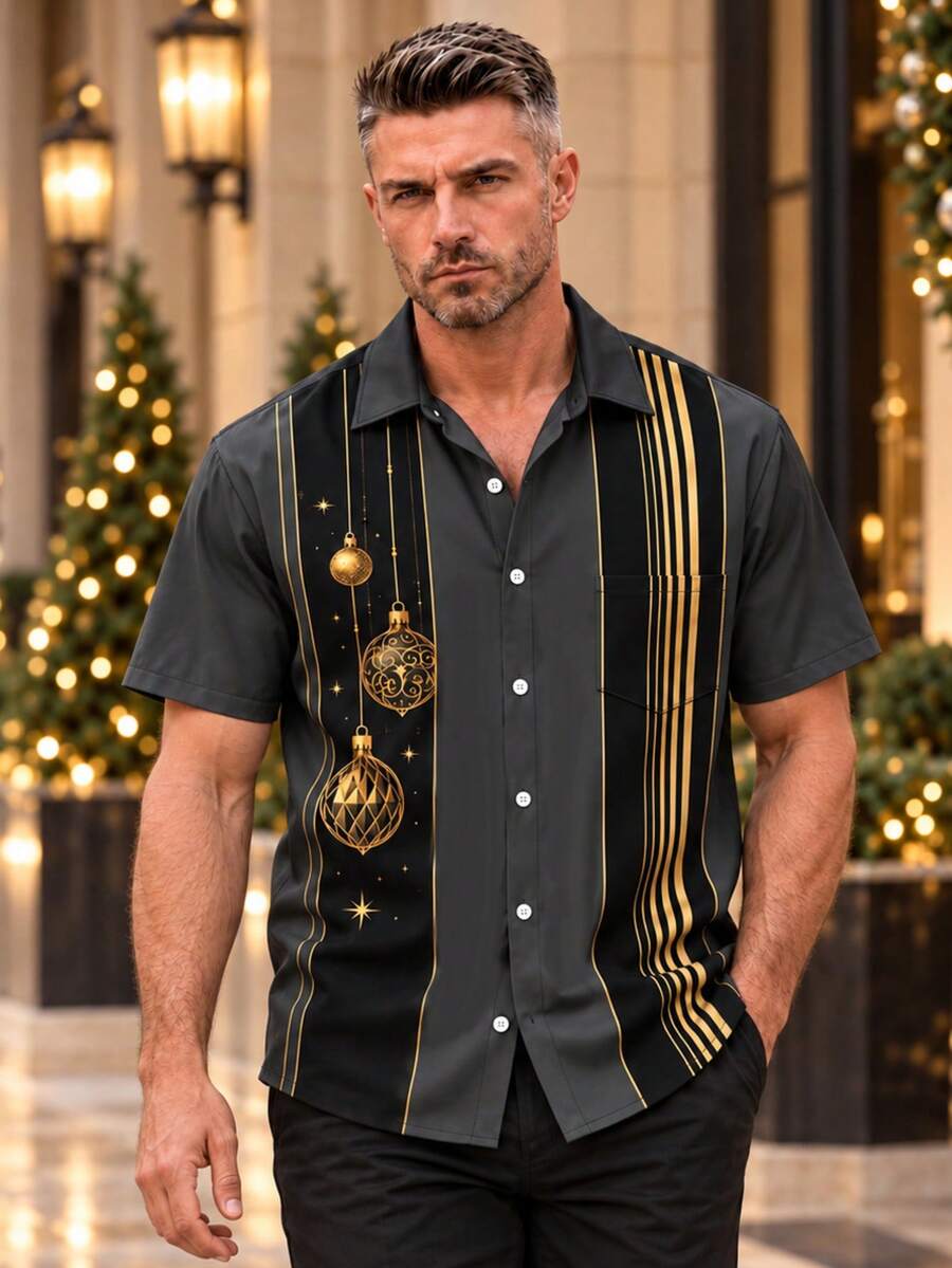 Men's Christmas Contrast Color Striped Print Fashion Holiday Casual Short Sleeve Shirt - Multicolor - View 1