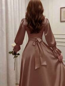 Women's Elegant Minimalist Solid Color Waist-Cinching Long Sleeve Dress Fall - Coffee Brown - View 4