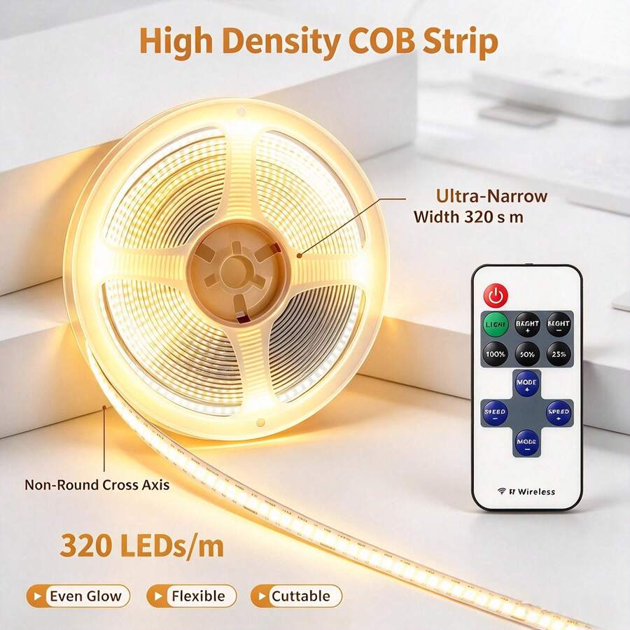 Dây đèn LED COB 5V USB, điều khiển từ xa không dây RF (điều khiển dùng pin nút, không kèm pin), độ sáng điều chỉnh 25%/50%/100%, nhiều chế độ động, phù hợp cho tủ, phòng ngủ và trang trí nhà cửa - Nhiều màu - Xem 1
