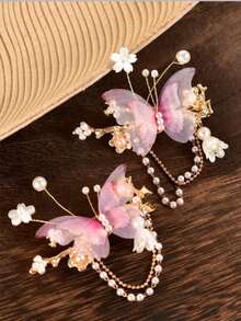 1pc Women's Handmade Butterfly Beaded Hair Clip Headwear For Daily Parties - Pink - View 1