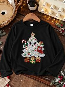 [Christmas]Big Girls Long Sleeve T-Shirt, Rhinestone Effect Cartoon Christmas Tree Print Top, Girls Casual Holiday Top, Suitable For Christmas And School Wear - Black - View 6