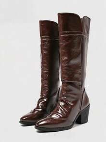 New Pointed Toe Chunky Heel Knee-High Boots Women's Vintage Western Cowboy Riding Boots - Brown - View 7