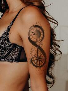Black INS Style Creative Personalized Clock Compass Pattern Party Gift DIY Holiday Gift Music Festival Temporary Waterproof Tattoo Sticker For Arm Waist Abdomen 1pc/Pack - Black - View 2