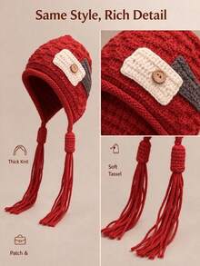 Long Tassel Crochet Ear Protection Winter Beanie, Patch Button Decor Knit Hat, Suitable For City Strolls, Weekend Trips And Winter Outdoor Activities, Warm Earflap Cap For Cold Weather Daily Wear - A - View 9