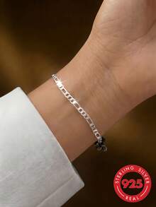 ELSEDES 1pc Handmade S925 Sterling Silver Geometric Chain Bracelet, Fashionable And Elegant, Suitable For Women Daily, Office And Party Wear - Silver - View 1
