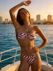 2pcs Solid Color Striped Casual Elegant Backless Tie-Front Bikini Swimwear, Beach Vacation Summer - Coffee Brown - View 1