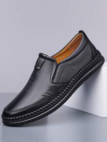 Men's Top Grain Leather Casual Solid Color Slip-On Round Toe Spring/Autumn Formal Low-Top Shoes - Black - View 2