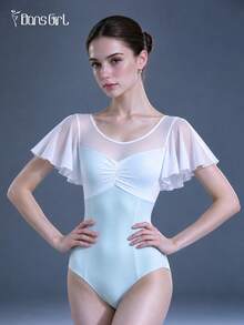 DonsGirl 1pc Women's Elegant Ballet Leotard, Mesh Butterfly Flowing Short Sleeve Patchwork Jumpsuit, High Elasticity Dancewear, Suitable For Studio Training And Stage Performance - Baby Blue - View 4