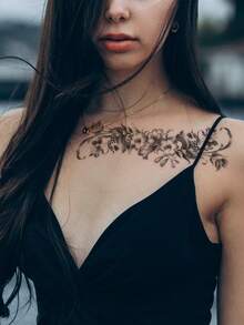 Black Ins-Style Minimalist Floral Branch & Leaf Pattern Party Gift DIY Holiday Gift Music Festival Temporary Waterproof Tattoo Sticker For Arm, Shoulder, Neck, Collarbone, Back, 1pc/Pack - Black - View 3
