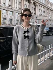 Korean Style Lace Trim Bow Single-Breasted Knit Cardigan Sweater For Women, Autumn/Winter Elegant Knitwear - Grey - View 7