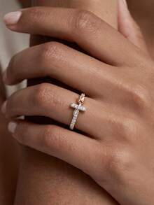 1pc S925 French Fashion Luxury Rose Cross Rhinestone Women's Wedding Silver Ring, Sweet Luxury Girl Style Niche Design Ring, European And American Luxury Fashion Heart Ring, Holiday Vacation Gift, Dating Party Daily Wear, Women's Quality Jewelry - White - View 2