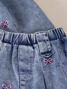 2pcs/Set Girls' Elegant Bowknot Decor Small Lapel Cardigan Jacket And Bowknot Decor Pleated Skirt, Autumn - Medium Wash - View 8