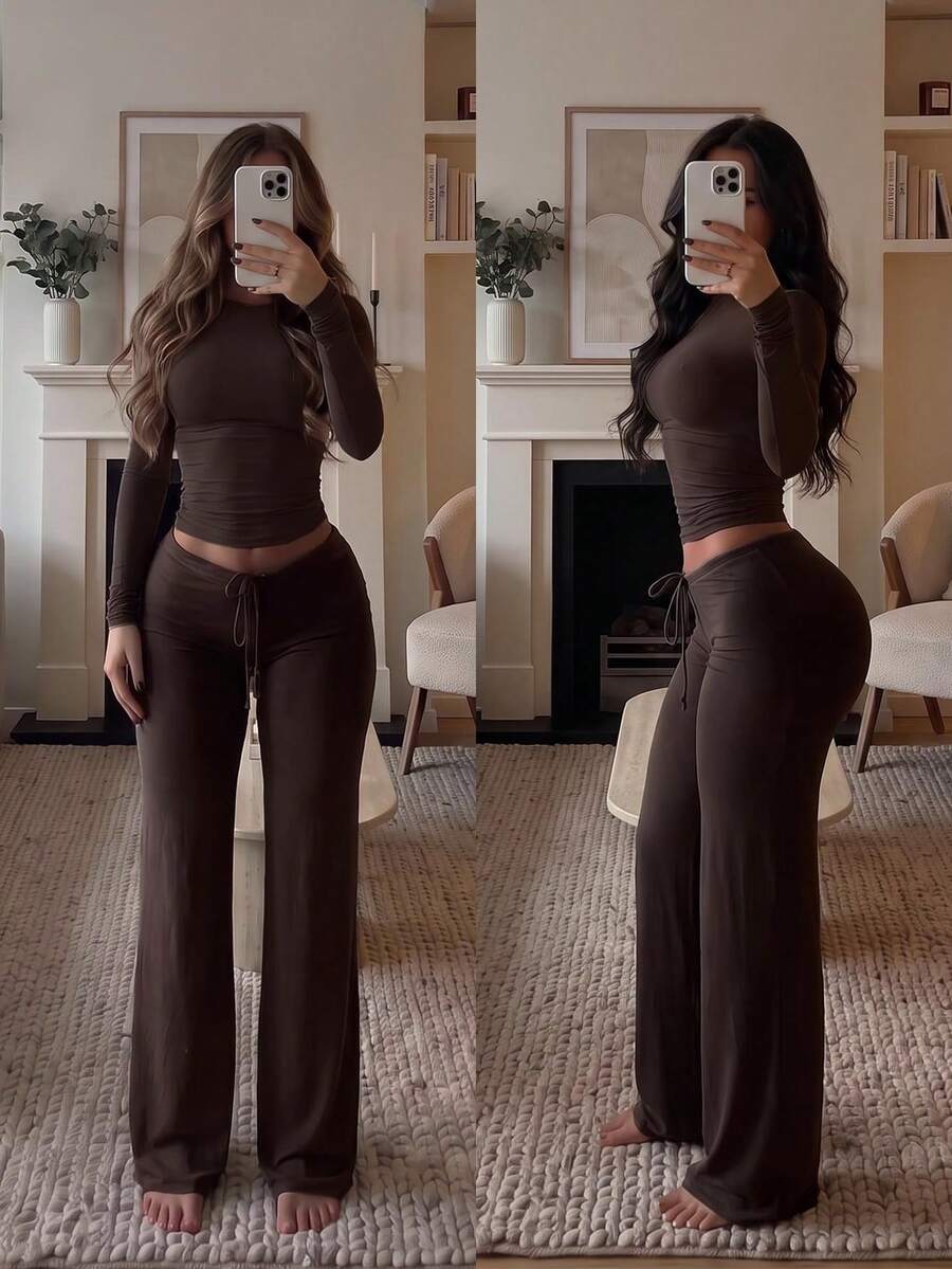 2pcs Women's Elegant Casual Daily Autumn Brown Long Sleeve Round Neck Top & Drawstring Pants Set, Casual Terno Outfit For Women, Casual Sets For Women - Brown - View 1