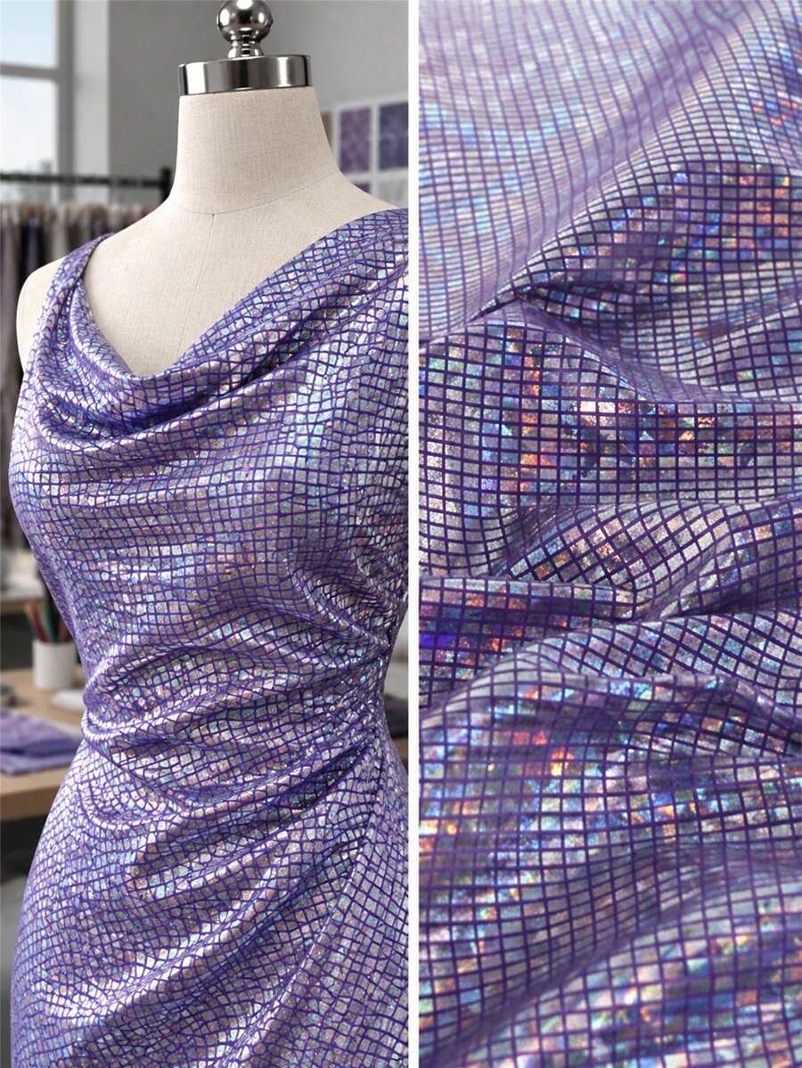 1pc Holographic Plaid Sequin Mesh Fabric, Iridescent Rainbow Checkered Transparent Mesh, Shiny Laser Sequin Mesh Fabric, Suitable For Stage Costumes, Party Dresses, Background Decoration And DIY Sewing