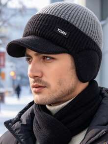 Men's Winter Thermal Lined Thick Knit Hat With Ear Flaps Design, Colorblock Sun Hat - Suitable For Cold Weather Outdoor Travel And Outdoor Activities - A - View 7