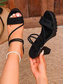 Thick Sole Chunky Heel Sandals, Niche Strappy Open Toe Suede High Heels, Elegant For Weddings, Parties, Evening Events, Daily Commute And Casual Wear - Black - View 3