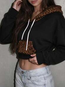 Leopard Print Patchwork Cropped Sweatshirt Sweatshirt Women's Autumn New Loose Drop Shoulder Drawstring Black Sexy Top - Black - View 8