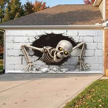 2D Flat 1pc Halloween Skull Garage Door Banner Decoration - Giant Scary Skull Breaking Through Wall Garage Door Cover With Gold - Multicolor - View 4