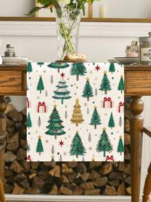 1Pc Cute Cartoon Christmas Tree Table Runner, Xmas Gift Box Star Pattern, Farmhouse Holiday Dining Table Decor For Kitchen Indoor Family Party - White - View 6
