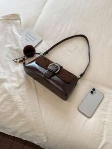 Vintage Underarm Bag, Patchwork Round Buckle Design, Autumn/Winter Vibe One Shoulder Crossbody Bag - Coffee - View 9
