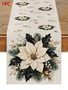 聖誕桌旗、枕套、餐墊，白色一品紅、冬青葉、金色漿果印花，復古農舍風，冬季節日餐桌裝飾，派對長桌布，家居裝飾 - 彩色 - 查看 12