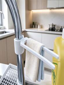 1pc White Faucet Cloth Storage Rack, No-Drill Drainage Rack, Sink Cloth Storage Rack, Multi-Function Hanging Rack, Sponge Holder, Towel Clip, Wall-Mounted Cloth Clip, Kitchen Storage Clip, Kitchen Essential, Ventilated Drainage, Quick Drying, Dishcloth Sponge Cleaning Brush, Fits 1.5cm-3.0cm Diameter Faucets, Suitable For European Style Home Kitchen/Bathroom/Laundry Room, European Wet Area Storage, Space-Saving And Tidy - View 2